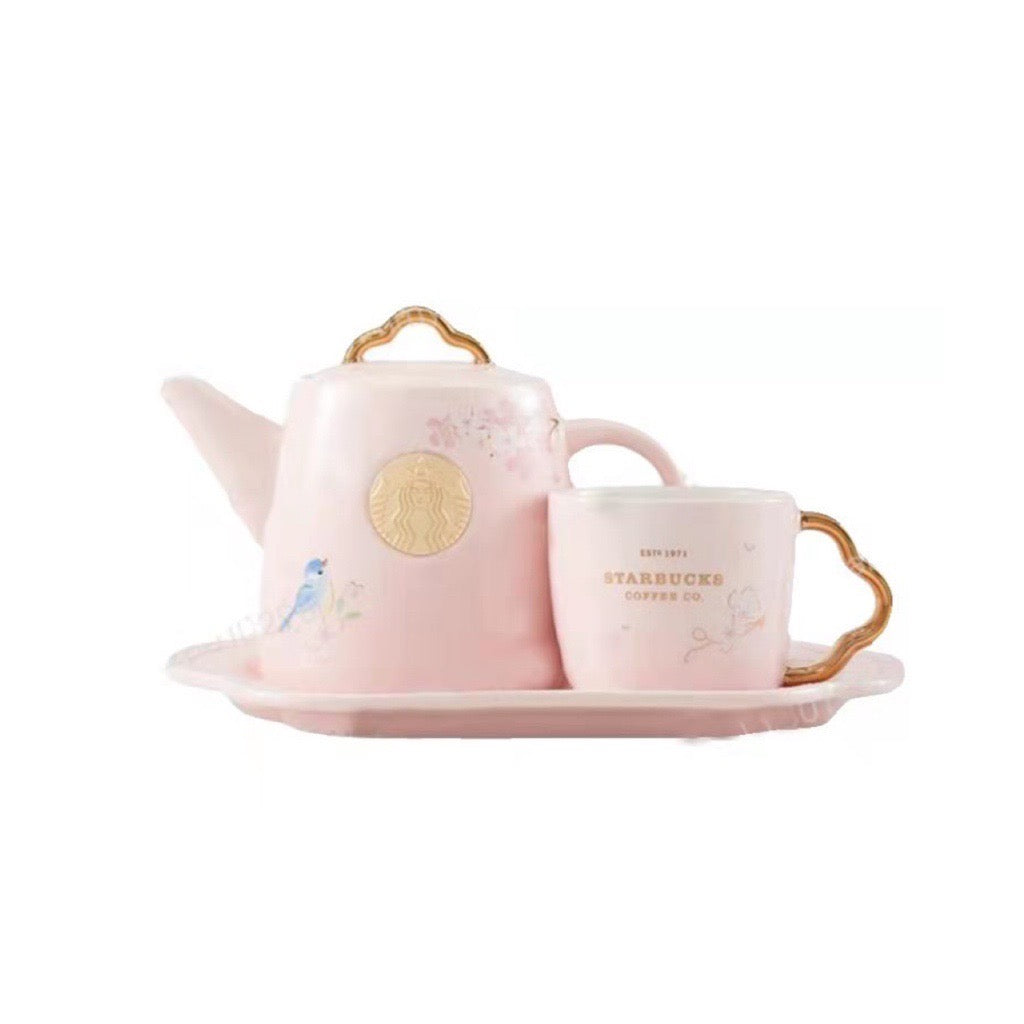 Starbucks China 2022 Sakura Season 600+160ml sakura with bird ceramic pot with cup and plate set