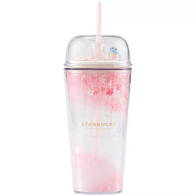 Starbucks China 2022 Sakura Season 473ml blue bird pink sakura double plastics cup with straw