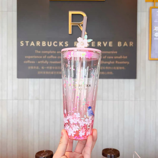 Starbucks China 2022 Sakura Season 591ml blue bird pink sakura double glass cup with straw