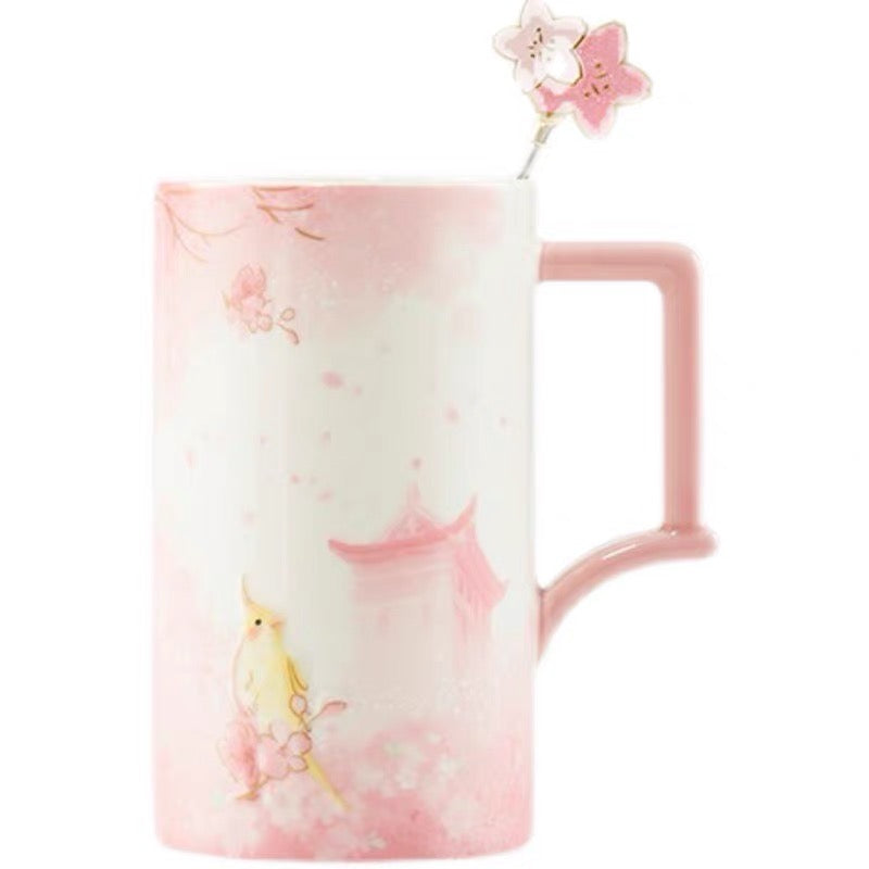 Starbucks China 2022 Sakura Season 473ml yellow bird with pink sakura view ceramics mug with stir bar