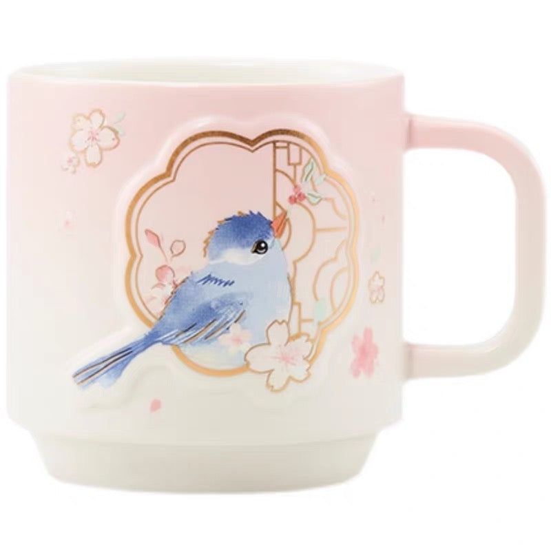 Starbucks China 2022 Sakura Season 435ml pink sakura with blue bird ceramics mug