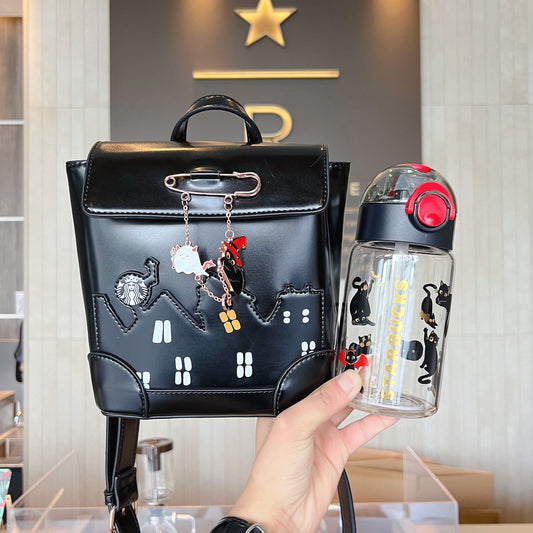 Starbucks China 500ml 2021 Halloween black straw cup with black halloween theme satchel