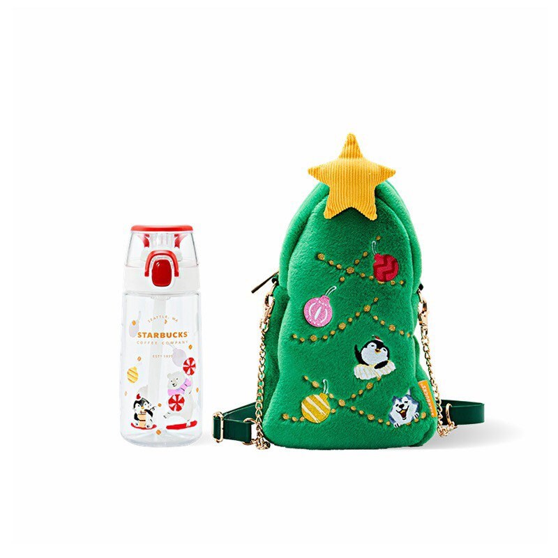 Starbucks × Thermos China 550ml 2021 Christmas penguin straw cup with plush Christmas tree cup bag
