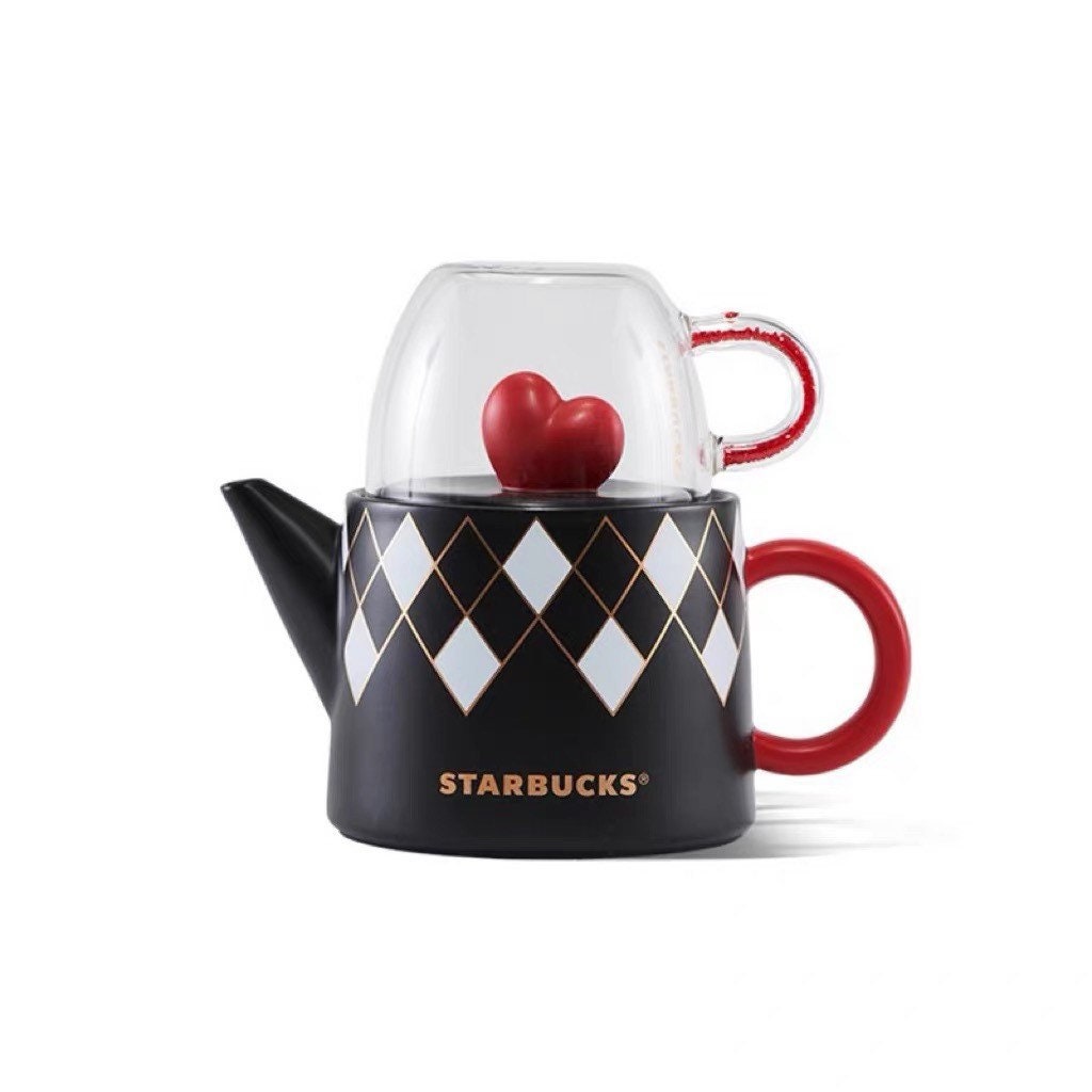 Starbucks China 225+505ml Valentine‘s Day chess series white&black chess board heart ceramic pot with glass cup set
