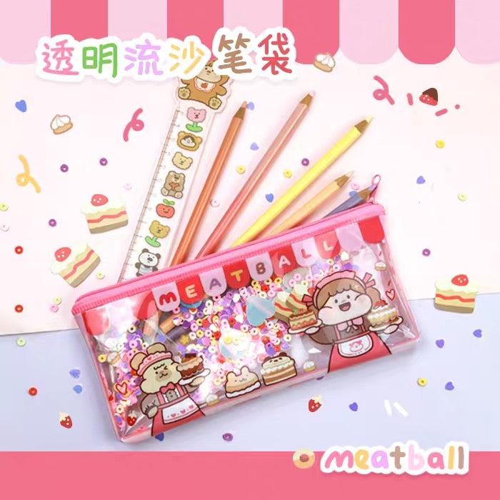 Meatball shop street series transparent uicksand pvc pen bag/packet