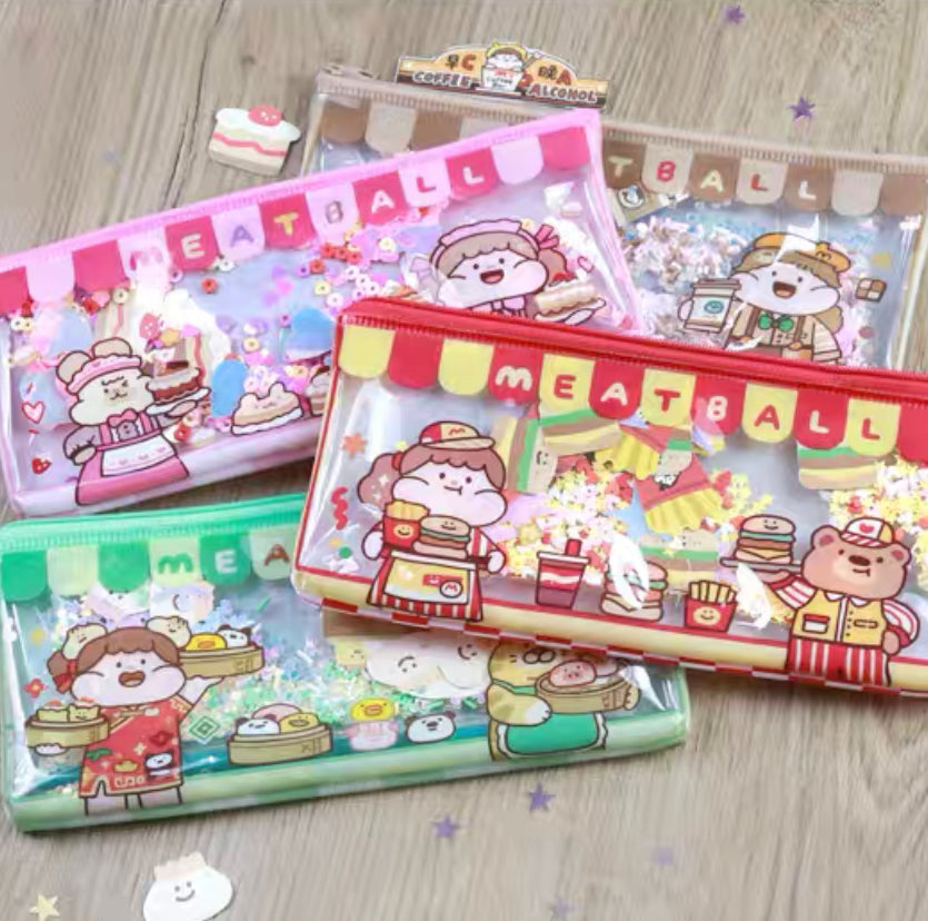 Meatball shop street series transparent uicksand pvc pen bag/packet