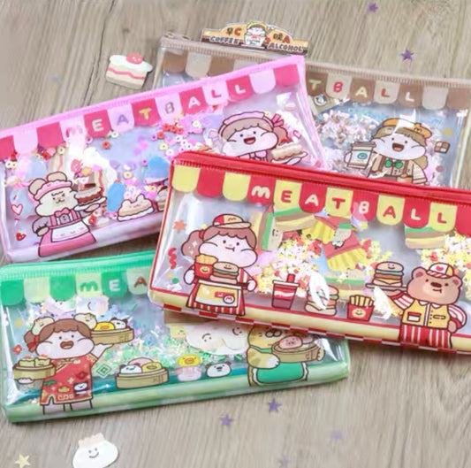 Meatball shop street series transparent uicksand pvc pen bag/packet