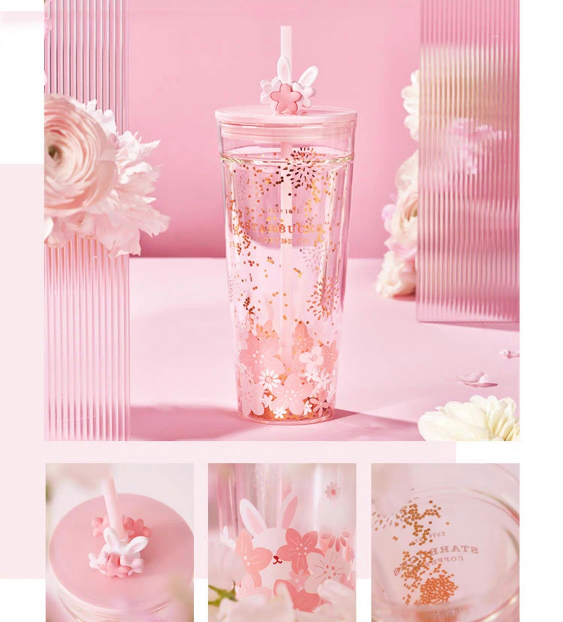 Starbucks China 2023 Sakura Rabbit Season Theme 591ml double-deck glass cup with straw