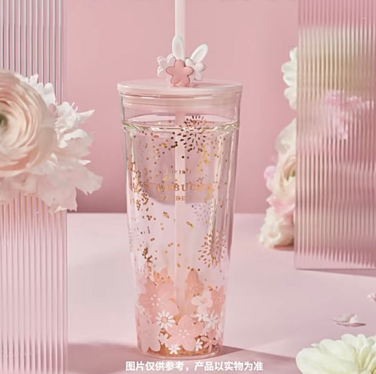 Starbucks China 2023 Sakura Rabbit Season Theme 591ml double-deck glass cup with straw
