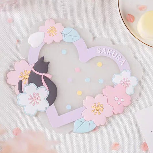Sakura Dream theme sakura with black cat cup mat