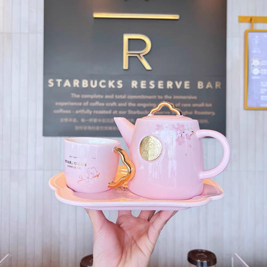 Starbucks China 2022 Sakura Season 600+160ml sakura with bird ceramic pot with cup and plate set
