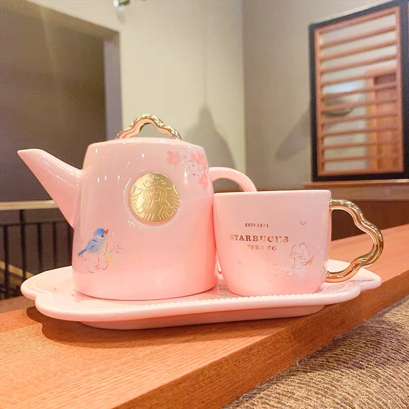 Starbucks China 2022 Sakura Season 600+160ml sakura with bird ceramic pot with cup and plate set
