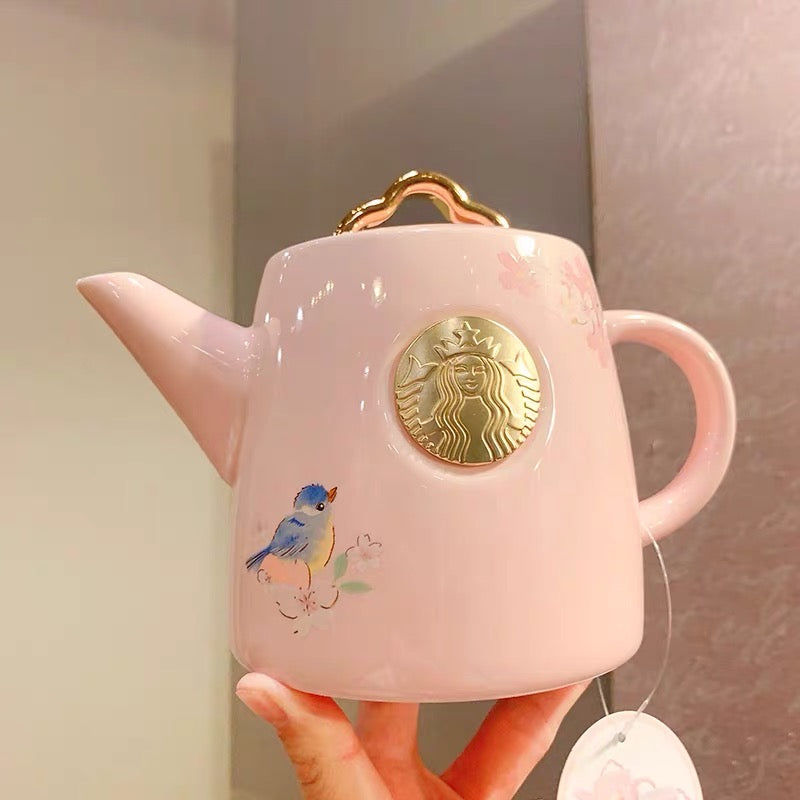 Starbucks China 2022 Sakura Season 600+160ml sakura with bird ceramic pot with cup and plate set