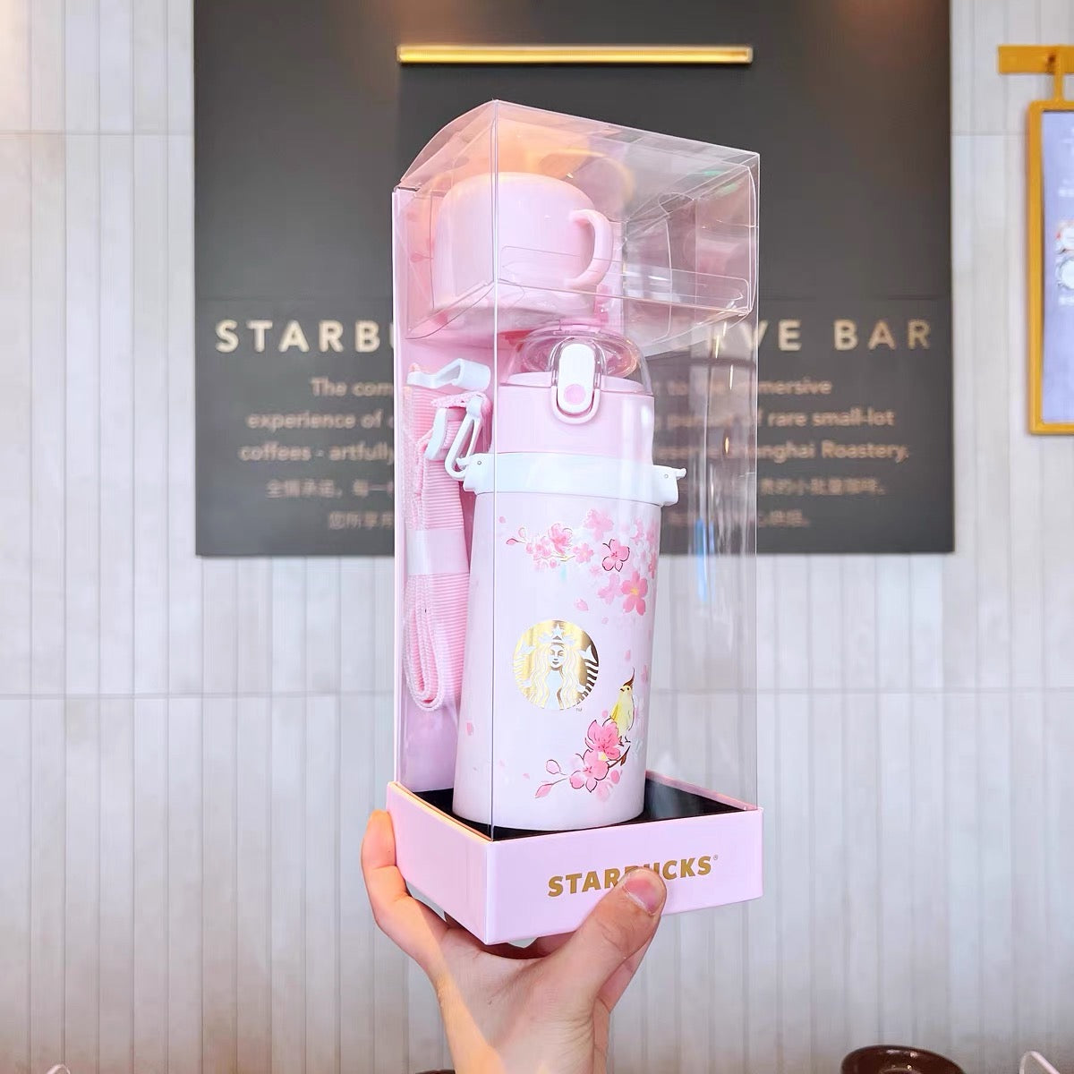 Starbucks × Thermos China 2022 Sakura Season 550ml pink sakura with bird vacuum cup（2 ways to use）