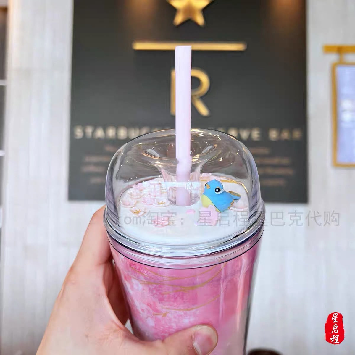 Starbucks China 2022 Sakura Season 473ml blue bird pink sakura double plastics cup with straw