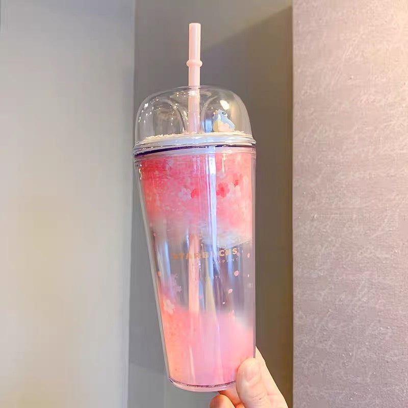 Starbucks China 2022 Sakura Season 473ml blue bird pink sakura double plastics cup with straw