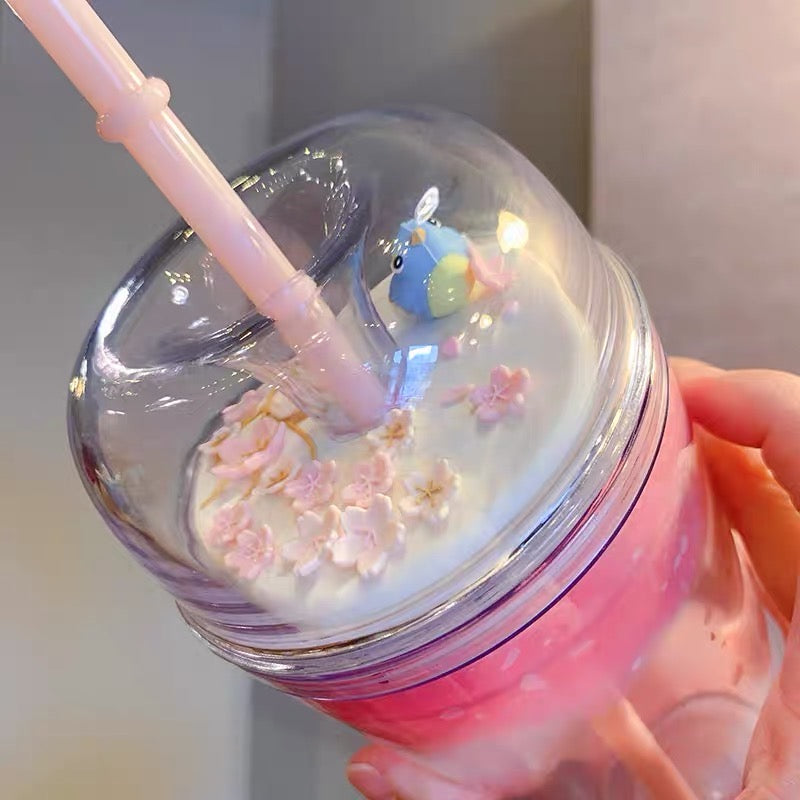 Starbucks China 2022 Sakura Season 473ml blue bird pink sakura double plastics cup with straw