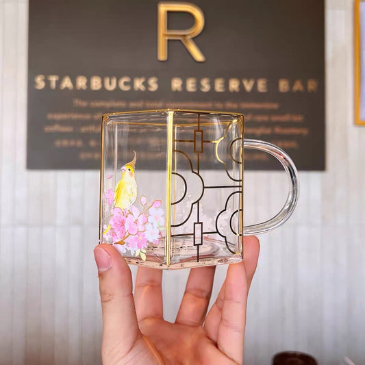 Starbucks China 2022 Sakura Season 414ml yellow bird with pink sakura view glass cup