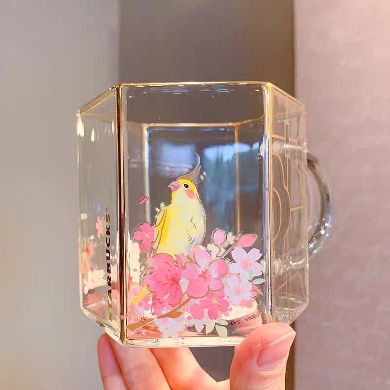 Starbucks China 2022 Sakura Season 414ml yellow bird with pink sakura view glass cup