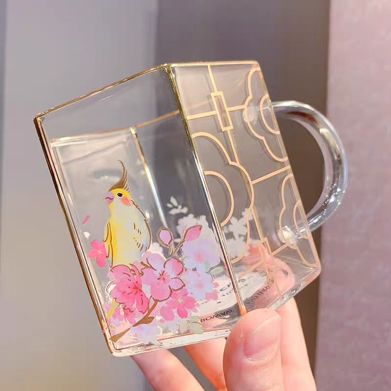 Starbucks China 2022 Sakura Season 414ml yellow bird with pink sakura view glass cup