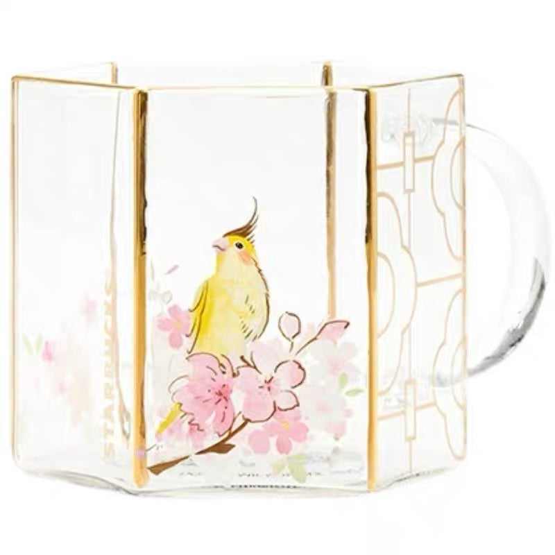 Starbucks China 2022 Sakura Season 414ml yellow bird with pink sakura view glass cup