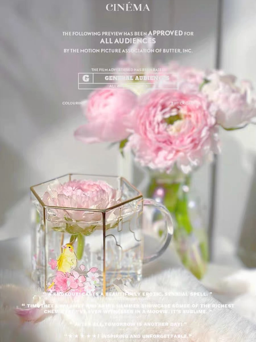 Starbucks China 2022 Sakura Season 414ml yellow bird with pink sakura view glass cup