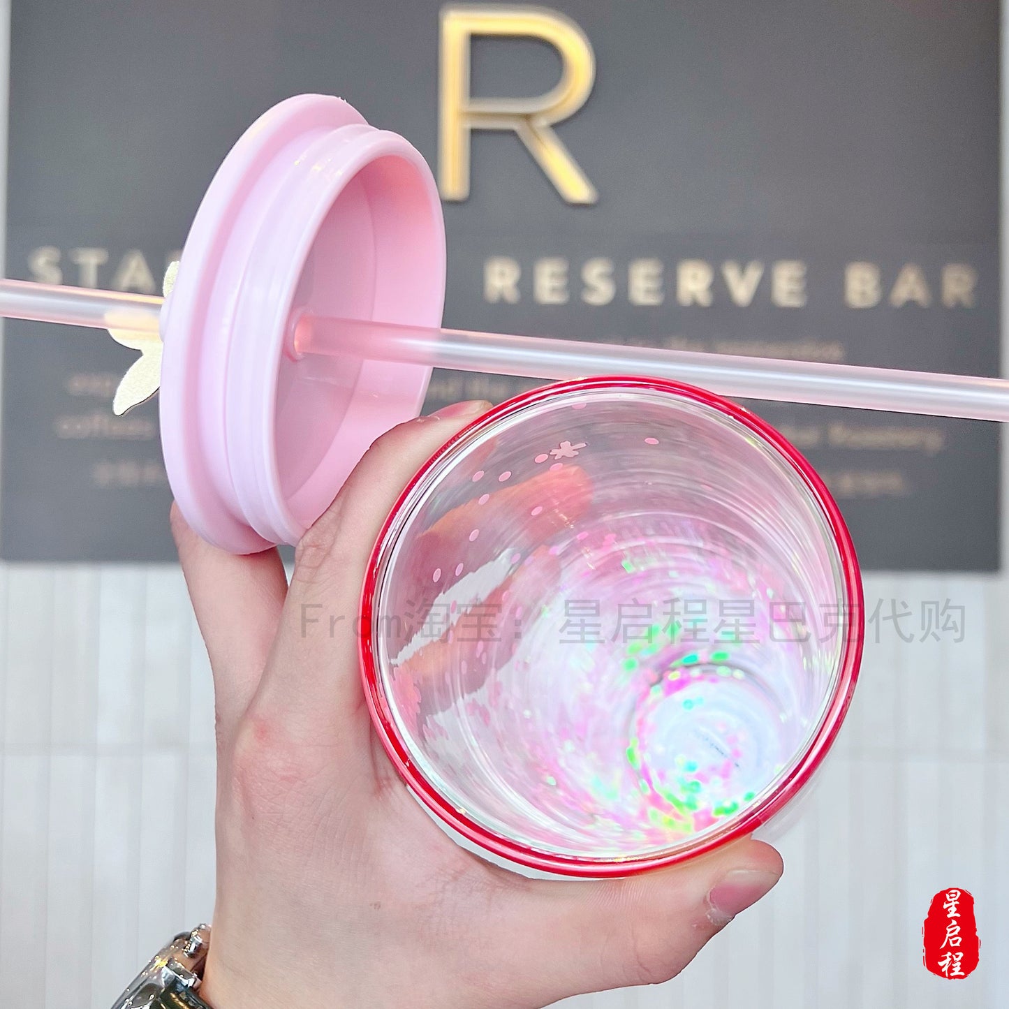 Starbucks China 2022 Sakura Season 591ml blue bird pink sakura double glass cup with straw