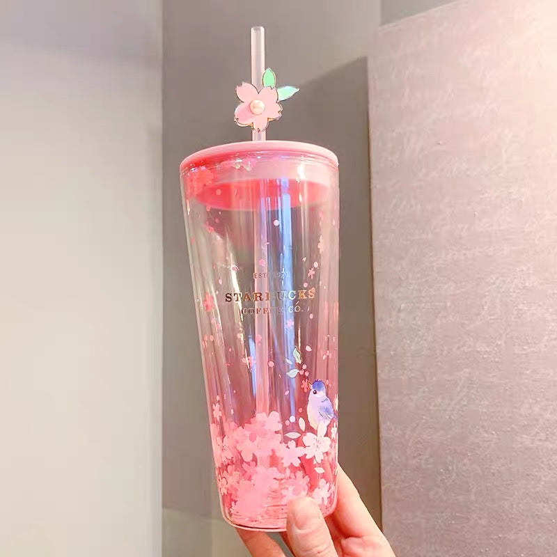 Starbucks China 2022 Sakura Season 591ml blue bird pink sakura double glass cup with straw