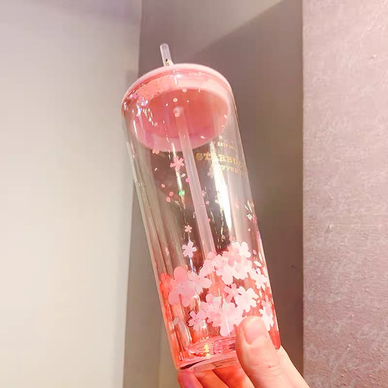 Starbucks China 2022 Sakura Season 591ml blue bird pink sakura double glass cup with straw