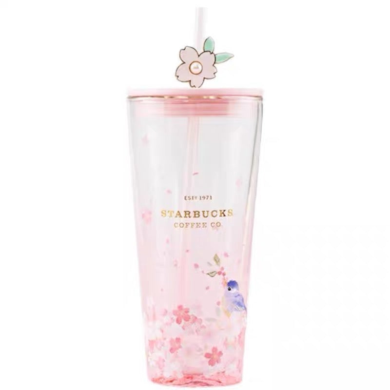 Starbucks China 2022 Sakura Season 591ml blue bird pink sakura double glass cup with straw