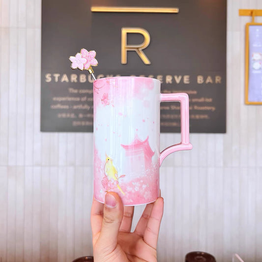 Starbucks China 2022 Sakura Season 473ml yellow bird with pink sakura view ceramics mug with stir bar