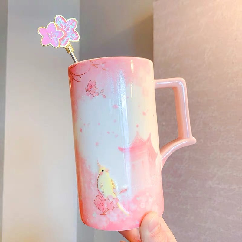 Starbucks China 2022 Sakura Season 473ml yellow bird with pink sakura view ceramics mug with stir bar