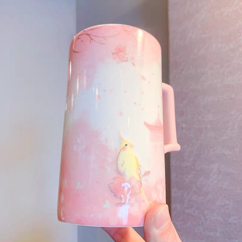 Starbucks China 2022 Sakura Season 473ml yellow bird with pink sakura view ceramics mug with stir bar