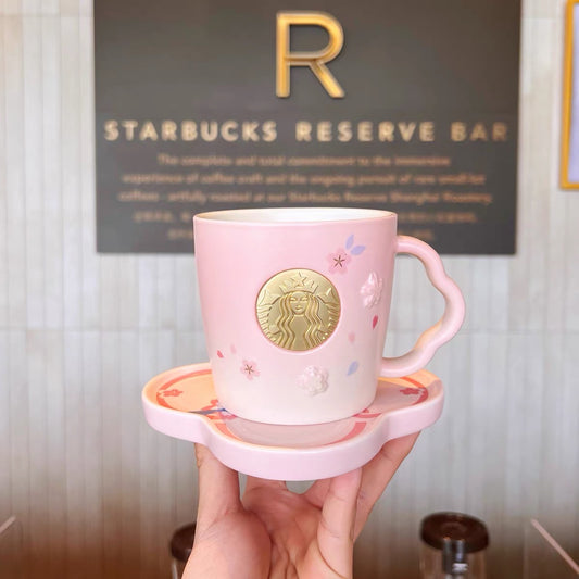 Starbucks China 2022 Sakura Season 370ml pink sakura ceramics mug with pink and blue bird ceramics plate