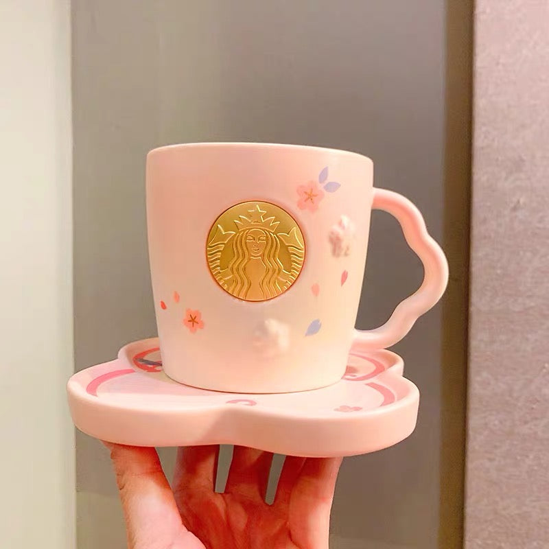 Starbucks China 2022 Sakura Season 370ml pink sakura ceramics mug with pink and blue bird ceramics plate