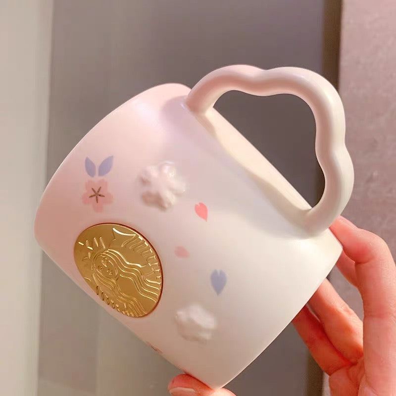Starbucks China 2022 Sakura Season 370ml pink sakura ceramics mug with pink and blue bird ceramics plate