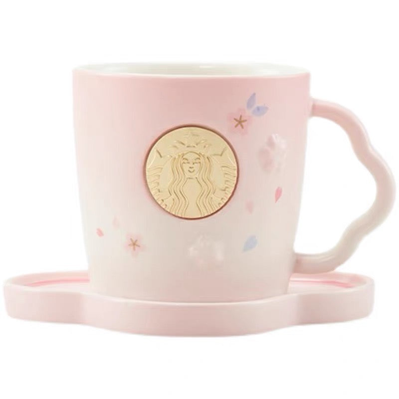 Starbucks China 2022 Sakura Season 370ml pink sakura ceramics mug with pink and blue bird ceramics plate