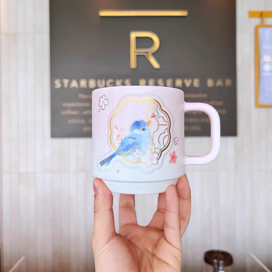 Starbucks China 2022 Sakura Season 435ml pink sakura with blue bird ceramics mug