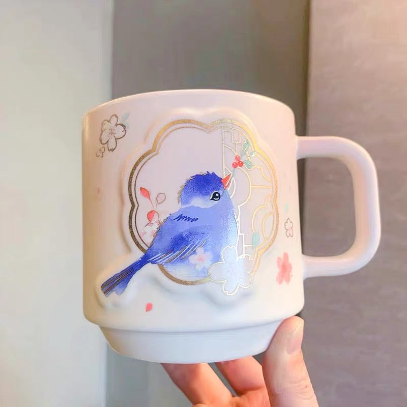 Starbucks China 2022 Sakura Season 435ml pink sakura with blue bird ceramics mug