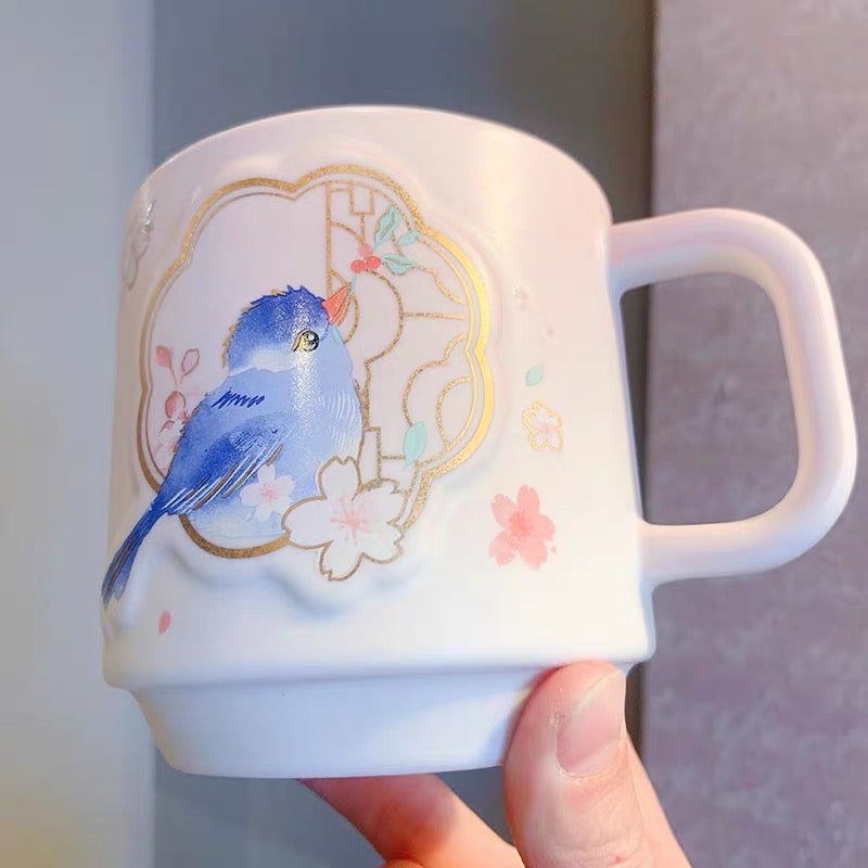 Starbucks China 2022 Sakura Season 435ml pink sakura with blue bird ceramics mug