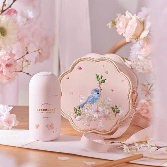 Starbucks China 2022 Sakura Season 220ml pink sakura stainless steel cup with blue bird sakura embroidery bag