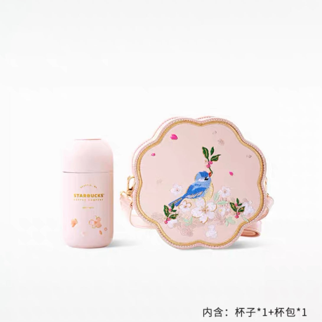 Starbucks China 2022 Sakura Season 220ml pink sakura stainless steel cup with blue bird sakura embroidery bag