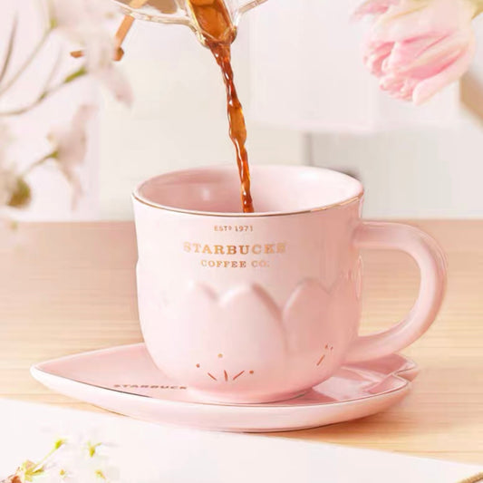 Starbucks China 2022 Sakura Season 280ml pink sakura ceramics mug with petal ceramics plate