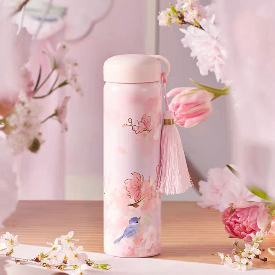 Starbucks × Thermos China 2022 Sakura Season 355ml pink sakura with blue bird stainless steel vacuum cup with tassels pendant