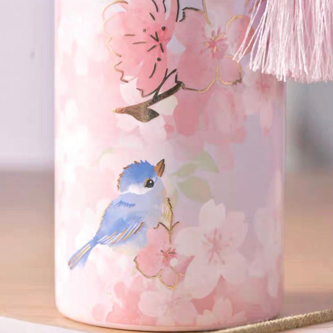 Starbucks × Thermos China 2022 Sakura Season 355ml pink sakura with blue bird stainless steel vacuum cup with tassels pendant
