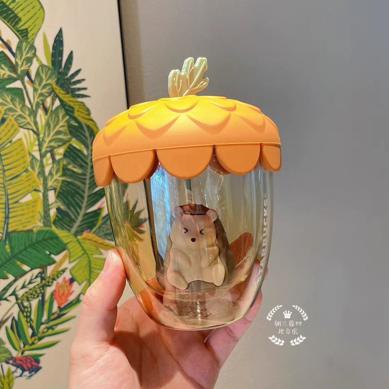Starbucks China 414ml 2021 autumn forest acorn glass cup with hedgehog tea strainer
