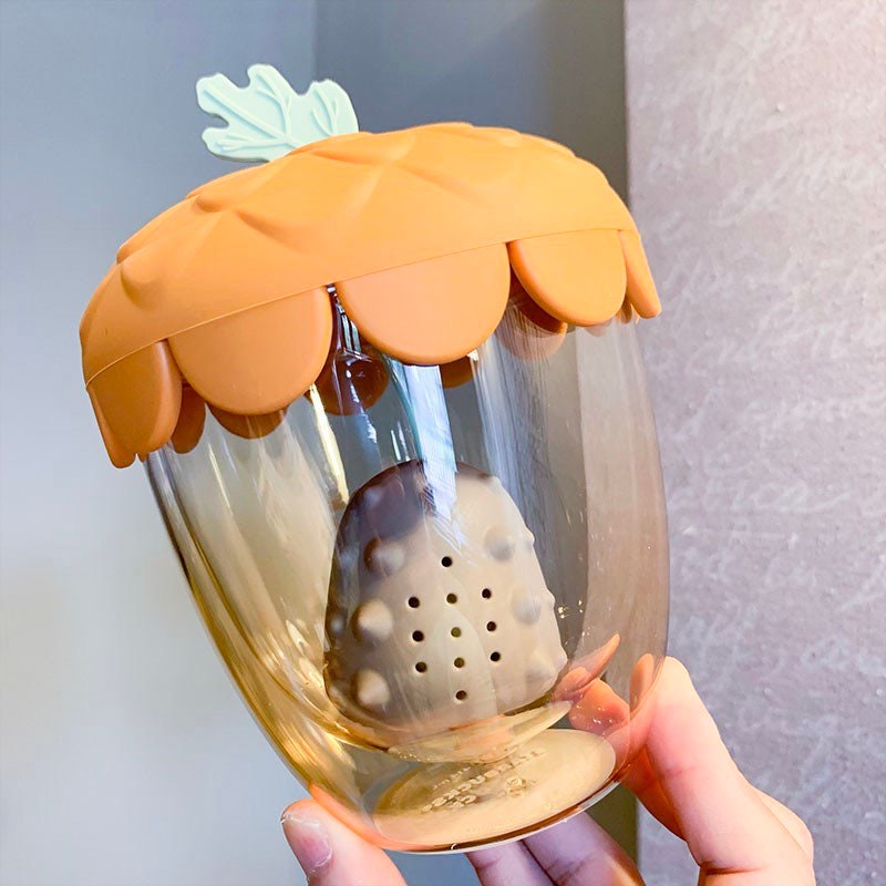 Starbucks China 414ml 2021 autumn forest acorn glass cup with hedgehog tea strainer