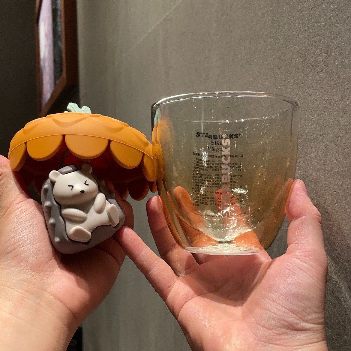 Starbucks China 414ml 2021 autumn forest acorn glass cup with hedgehog tea strainer