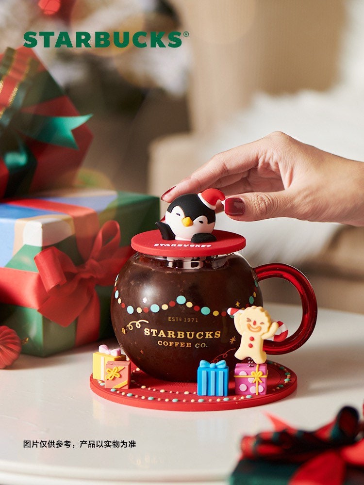 Starbucks China 400ml 2021 Christmas penguin gift box glass cup with cup mat and cover