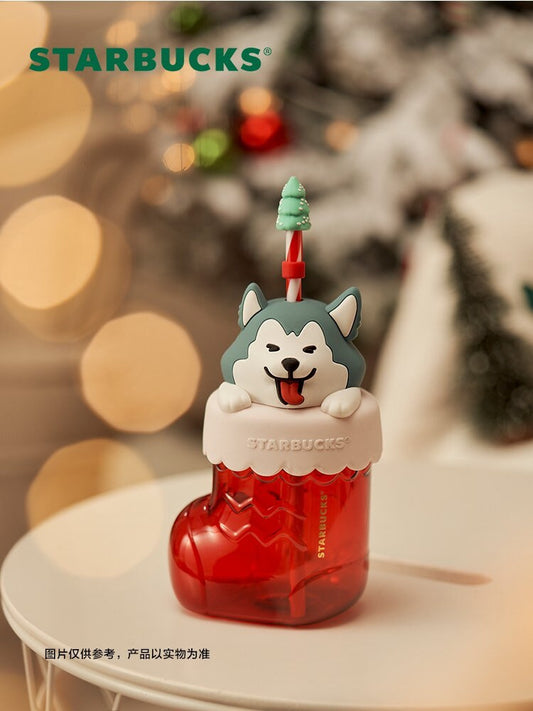 Starbucks China 600ml 2021 Christmas Husky socks glass cup with straw